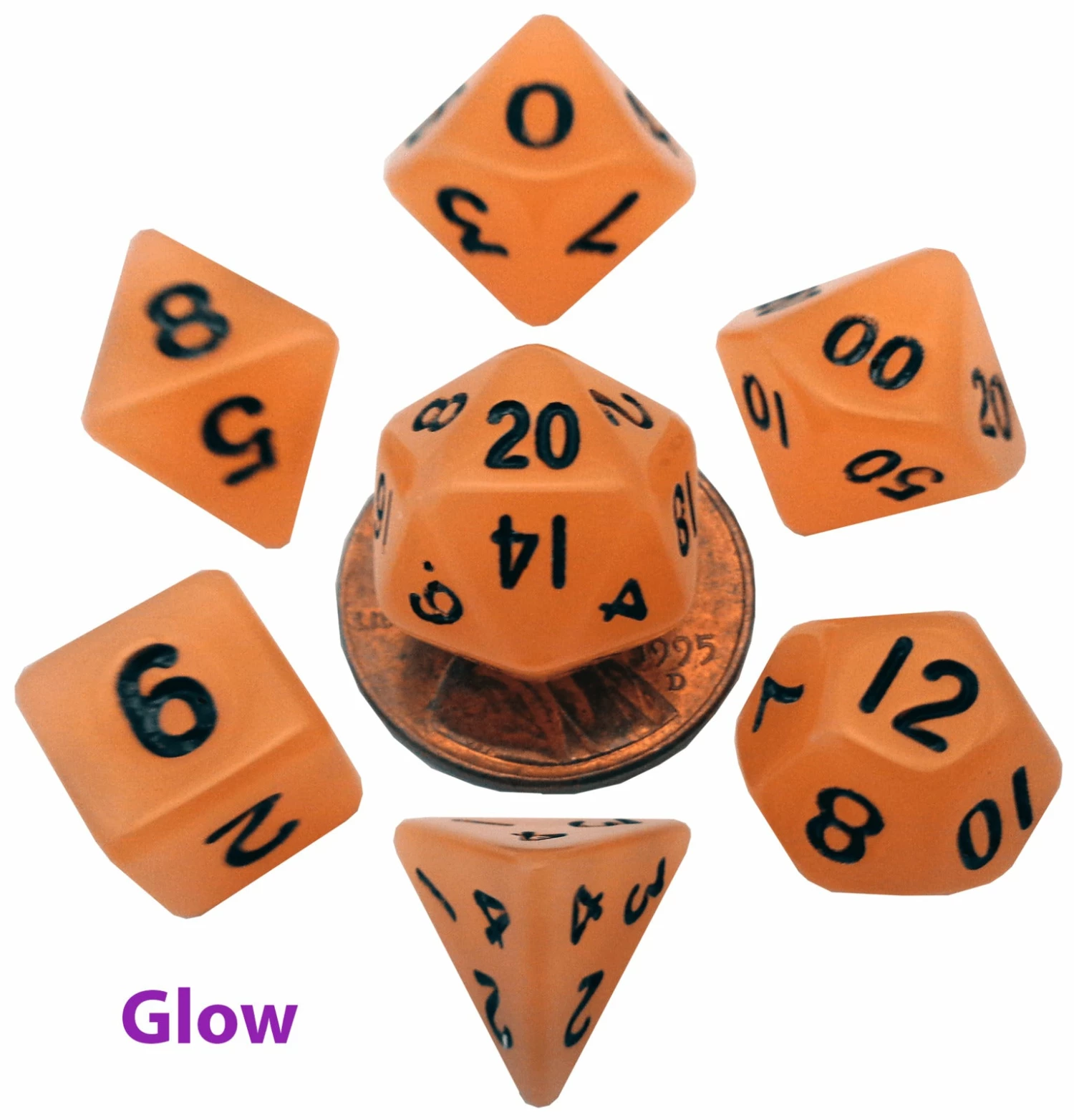 MDG: Mini Polyhedral Dice Set - Glow Orange With Black Numbers 3 MDG: Mini Polyhedral Dice Set - Glow Orange With Black Numbers