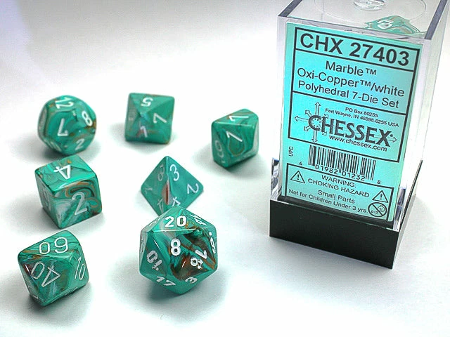Chessex: Marble Oxi-Copper W/white Signature Polyhedral 7-Die Set 3 Chessex: Marble Oxi-Copper W/white Signature Polyhedral 7-Die Set